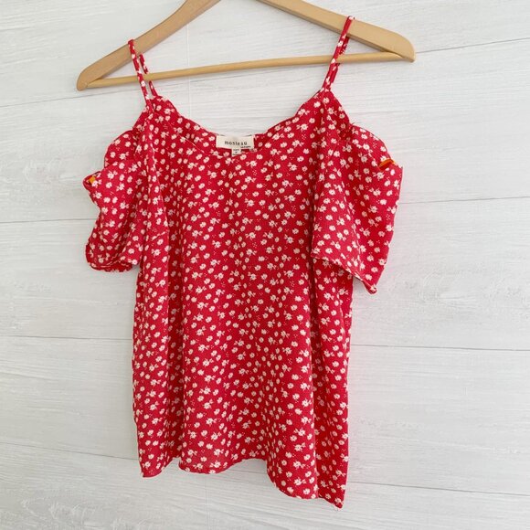 NWT Monteau - Red floral cold shoulder spaghetti strap top, M - Picture 3 of 5